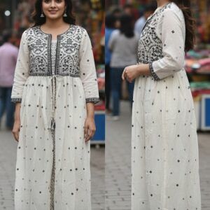 w0317 ivory & black printed anarkali kurta set