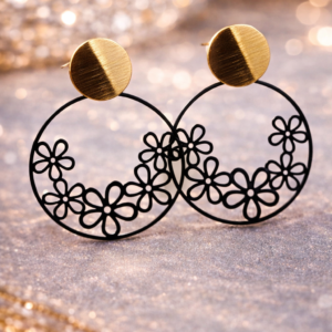 a0166 floral black hoop earrings with gold disc studs