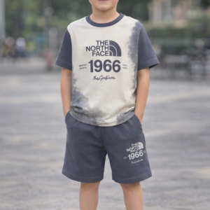 b0040 boys printed t shirt & shorts set – cream & charcoal grey