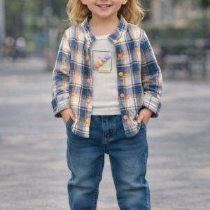 g0066 girls checked jacket, top – blue & beige