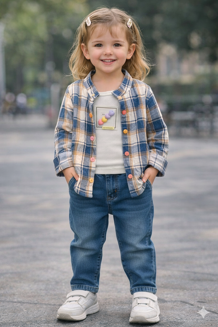 g0066 girls checked jacket, top – blue & beige g0066 girls checked jacket, top – blue & beige